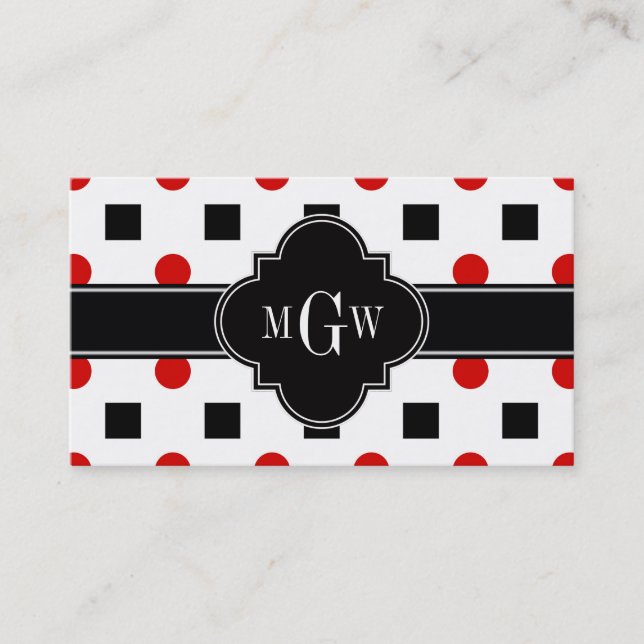 Black Squares Red Dots Black Quatrefoil 3 Monogram Business Card (Front)