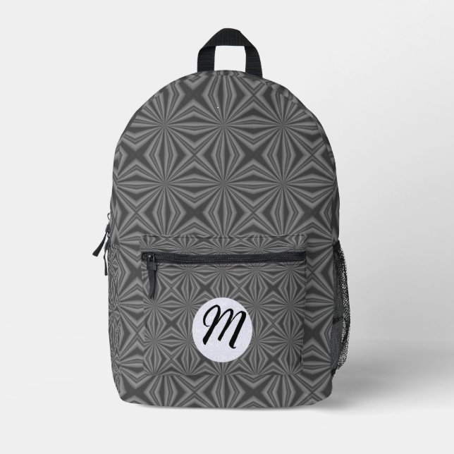 Black Squiggly Squares Monogram White Circle Printed Backpack (Front)
