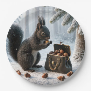 Black Squirrel Saving Acorns In Purse Paper Plate