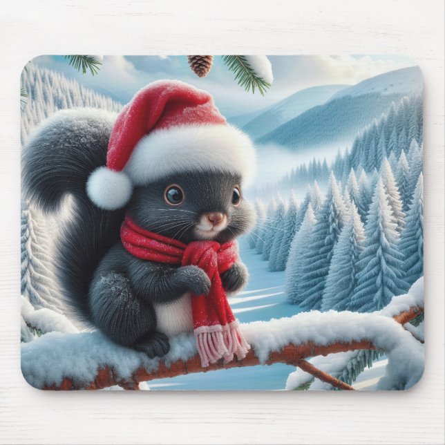 Black Squirrel With Santa Hat Mouse Mat (Front)