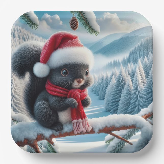 Black Squirrel With Santa Hat Paper Plate (Front)