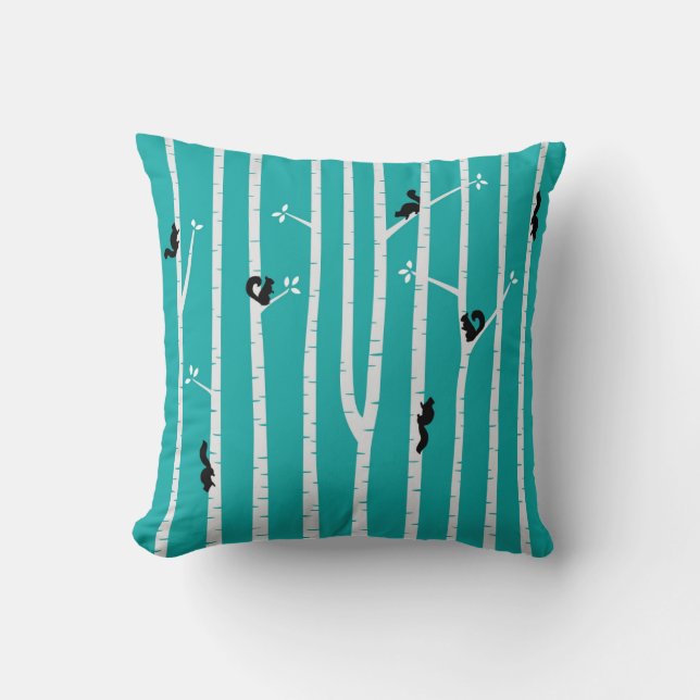 Black Squirrels Climbing Birch Trees on Aqua Cushion (Front)
