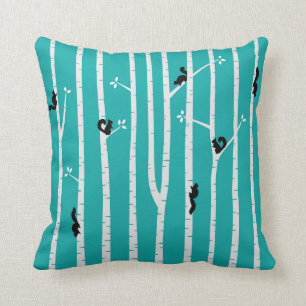 Black Squirrels Climbing Birch Trees on Aqua Cushion