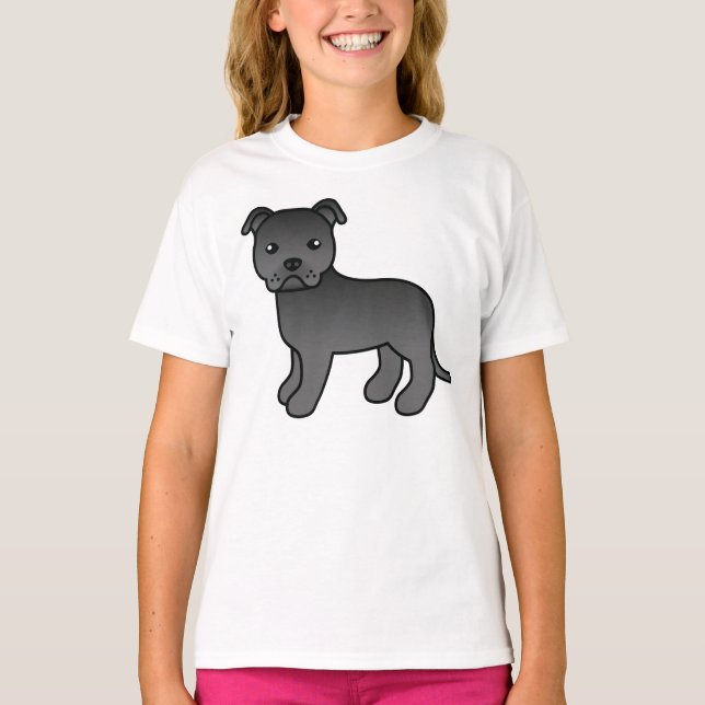 Black Staffordshire Bull Terrier Cartoon Dog T-Shirt (Front)