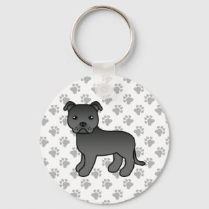 Black Staffordshire Bull Terrier Cute Cartoon Dog Key Ring