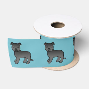 Black Staffordshire Bull Terrier Dog On Blue Satin Ribbon