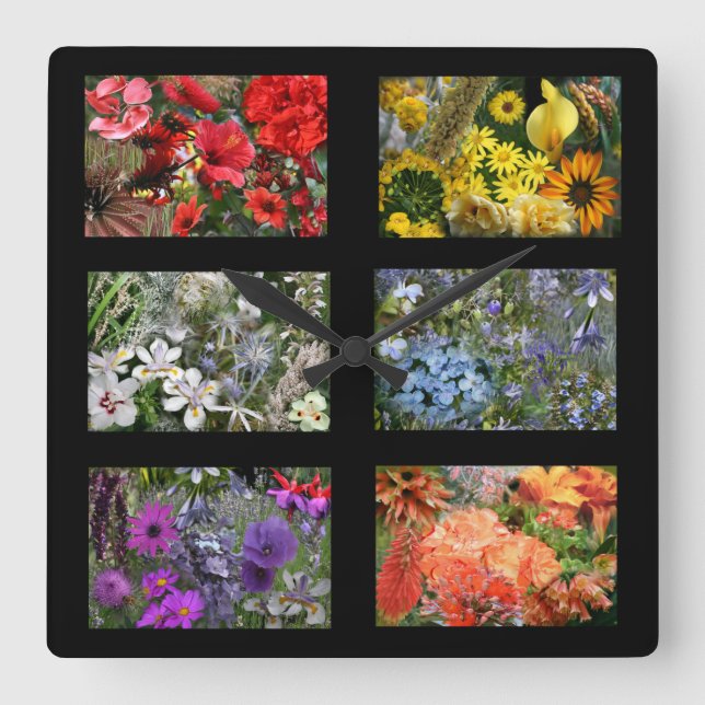Black Stained Glass Window Flower Garden Square Wall Clock (Front)