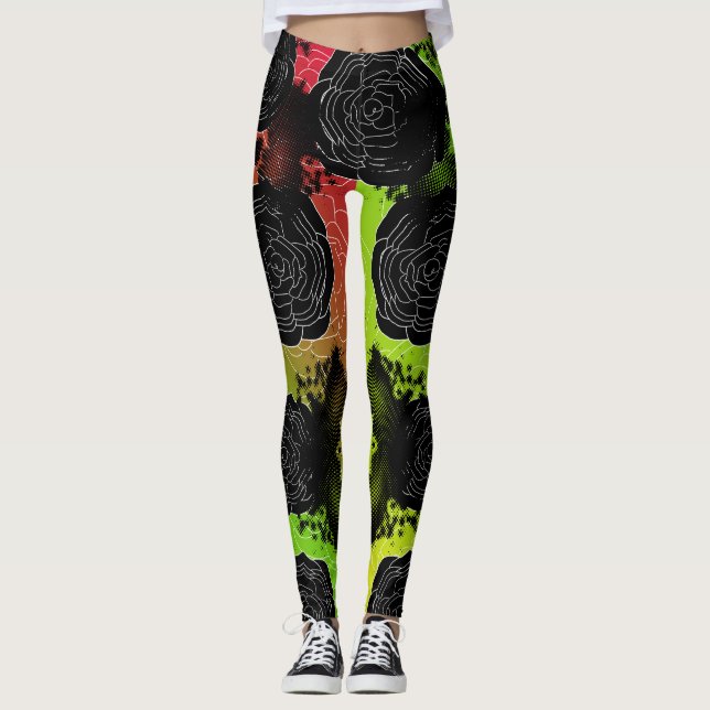 Black Stained Roses-Rasta Leggings (Front)