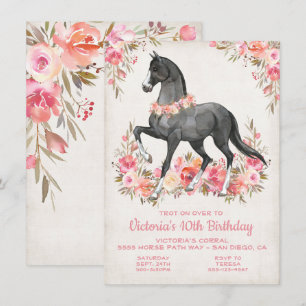 Black Stallion floral Horse Birthday Party Invitation