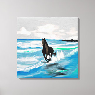 BLACK STALLION HORSE . RUNNING ON THE BEACH CANVAS PRINT
