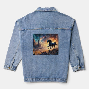 Black Stallion in Desert Nebula stars lightning Denim Jacket