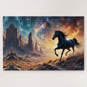 Black Stallion in Desert Nebula stars lightning Jigsaw Puzzle