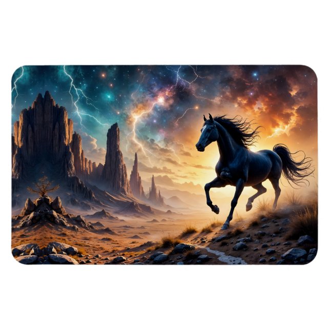 Black Stallion in Desert Nebula stars lightning Magnet (Horizontal)