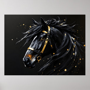 Black Stallion on black hints of gold and white Poster