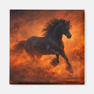 Black Stallion Running Through Orange Mist Magnet