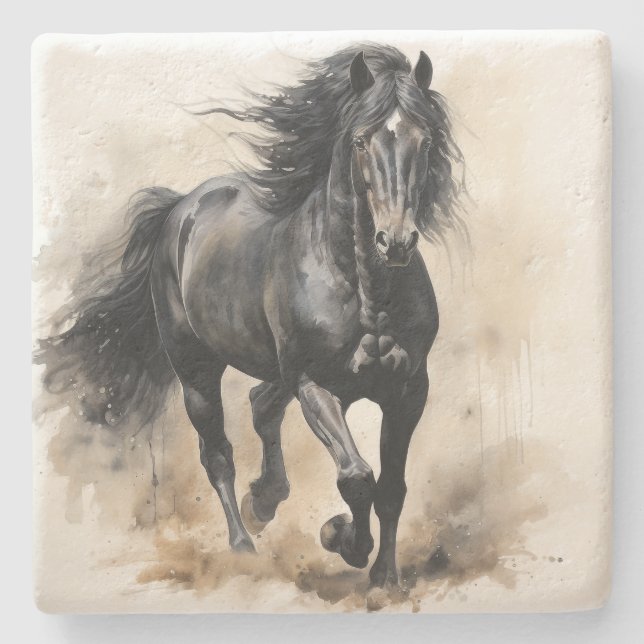 Black Stallion Watercolor Stone Coasters (Front)