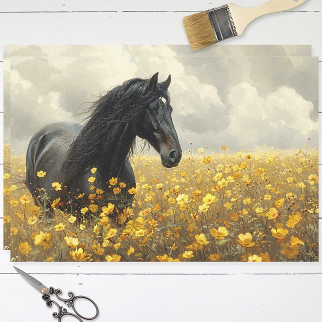 Black Stallion with Yellow Wildflowers Decoupage Tissue Paper (Creator Uploaded)