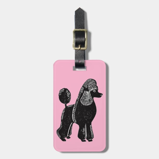 Black Standard Poodle with Pink Luggage Tag (Front Vertical)