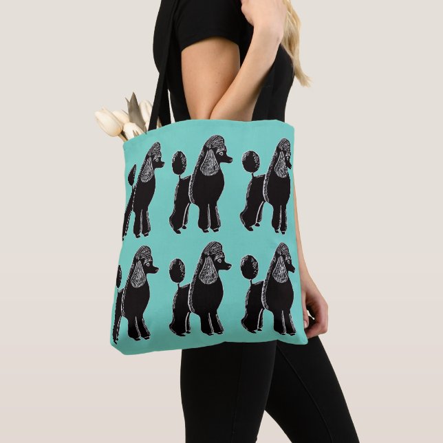 Black Standard Poodles Turquoise Teal Tote Bag (Close Up)