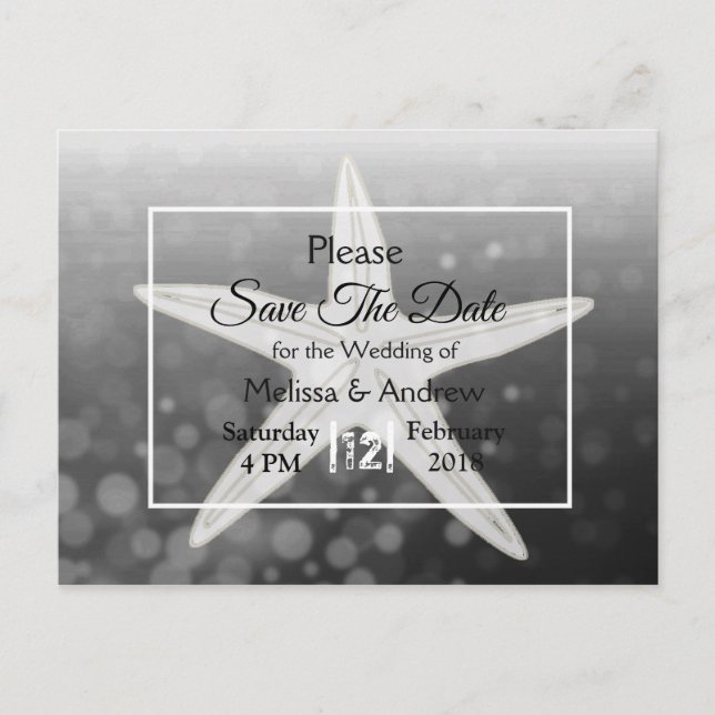 Black Starfish Beach Themed Wedding Save the Date Announcement Postcard (Front)