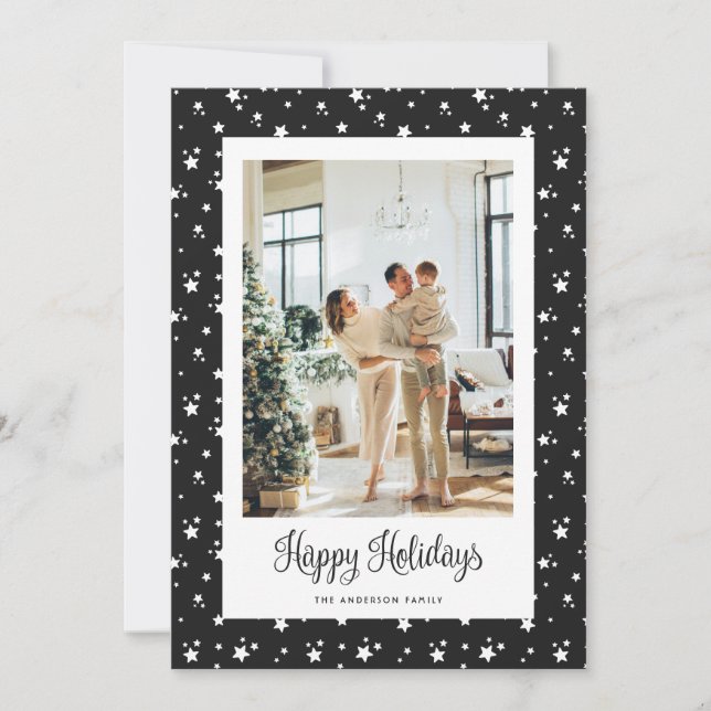 Black Starry Modern Photo Happy Holidays Card (Front)