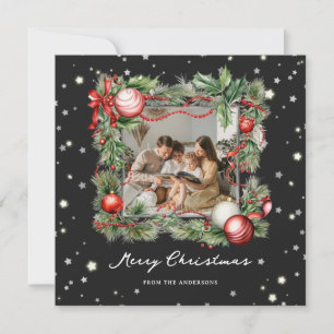 Black Starry Wreath Photo Merry Christmas Card