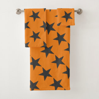 Black Stars on Pumpkin Orange  Bath Towel Set