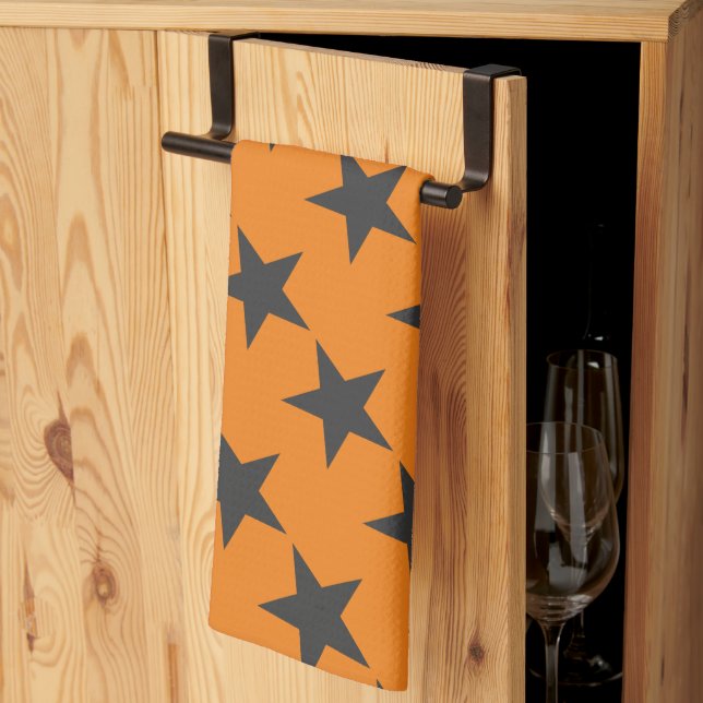 Black Stars on Pumpkin Orange Tea Towel (Thirds Fold)