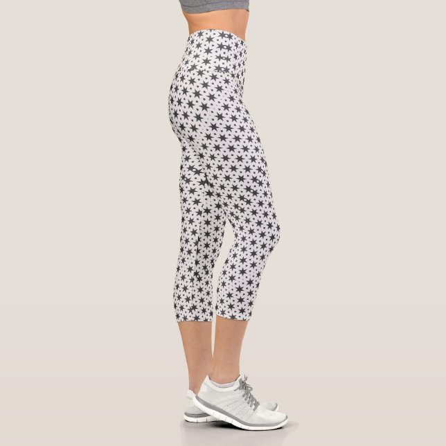 Black Stars on White Geometric Pattern Capri Leggings (Right)