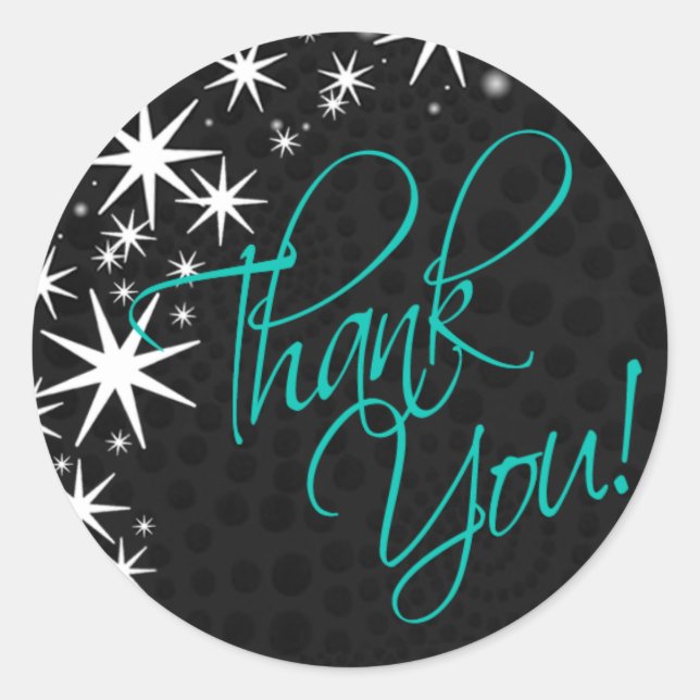 Black Stars Quinceañera Thank You (black/aqua) Classic Round Sticker (Front)