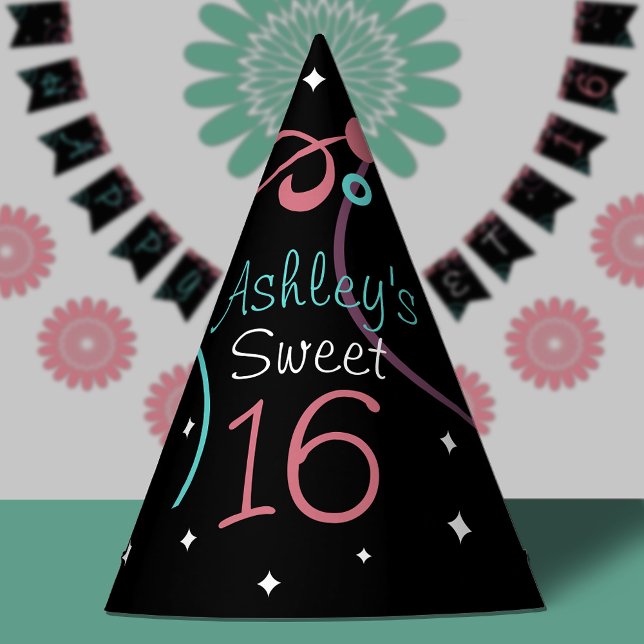 Black Stars & Swirls Sweet 16 Birthday Party Hat (Creator Uploaded)
