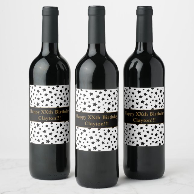 Black Stars With Message Birthday Wine Label (Bottles)