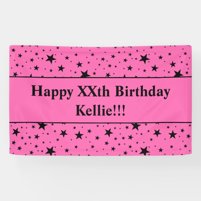 Black Stars With Message On Pink Birthday Banner (Horizontal)