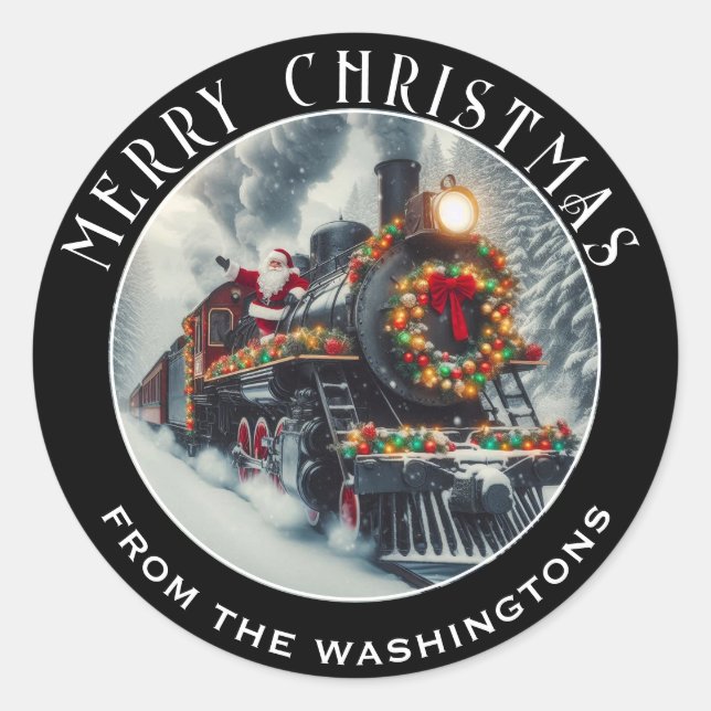 Black Steam Train Decorated for Christmas, Santa  Classic Round Sticker (Front)