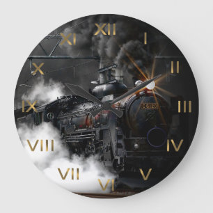 Black Steam Train Locomotive Large Clock