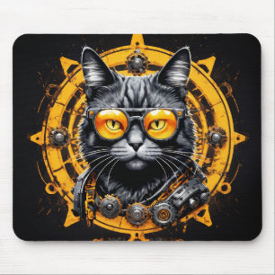 Black steampunk cat with orange glasses mouse mat