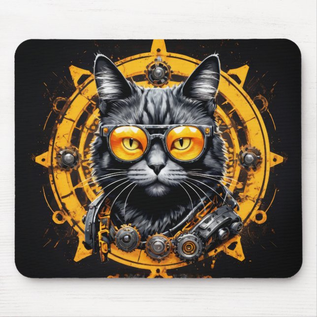 Black steampunk cat with orange glasses mouse mat (Front)