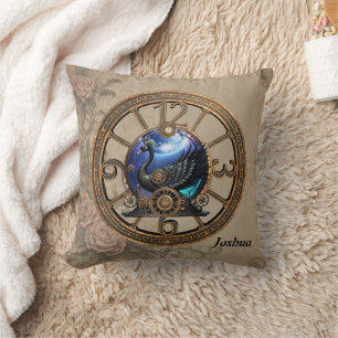 Black steampunk swan with clocks and gears.  cushion