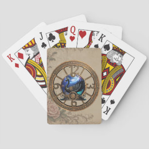 Black steampunk swan with clocks and gears.  playing cards