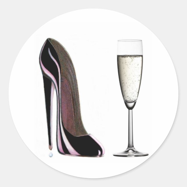 Black Stiletto Shoe and Champagne Glass Classic Round Sticker (Front)