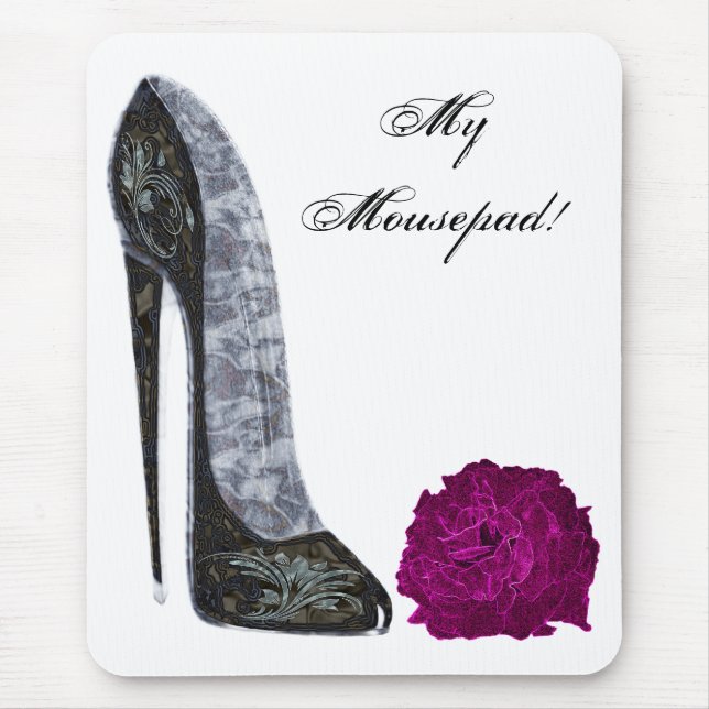 Black Stiletto Shoe and Red Rose Art Mouse Mat (Front)