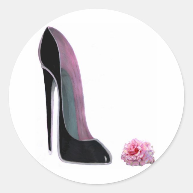 Black Stiletto Shoe and Rose Classic Round Sticker (Front)