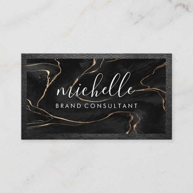 Black Stone Texture | Leather Trim Business Card (Front)