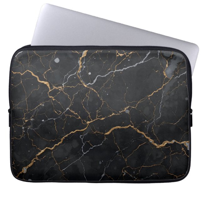 Black Stone with Gold & Silver Veins Laptop Sleeve (Front)