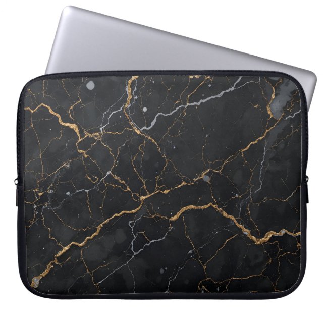 Black Stone with Gold & Silver Veins Laptop Sleeve (Front)