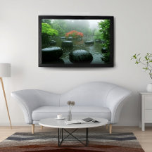 Black Stones in Rainy Zen Garden with Flowers |