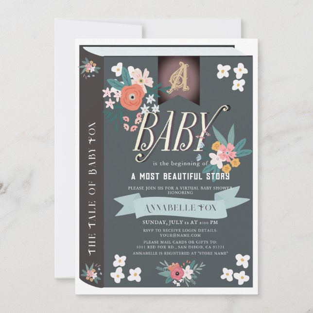 Black Storybook Floral Girl Virtual Baby Shower Invitation (Front)