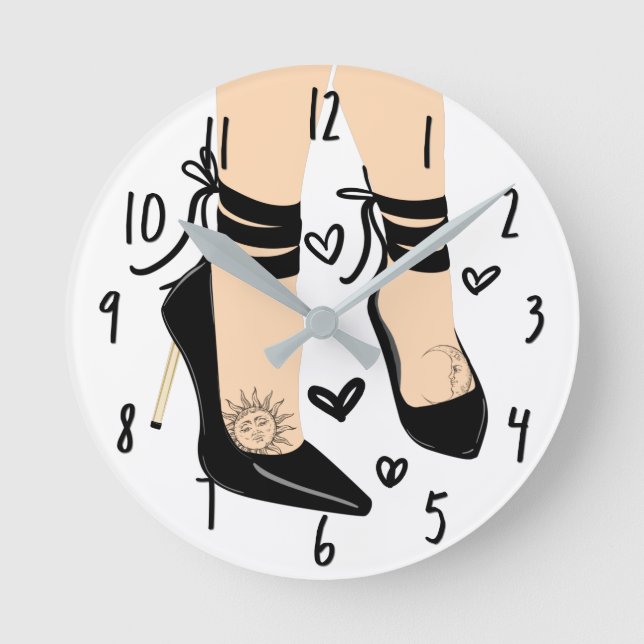 Black Strappy High Heels Sun Moon Girly Chic Round Clock (Front)