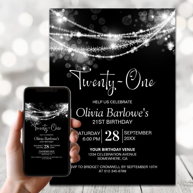 Black String Lights 21st Birthday Party Invitation (Creator Uploaded)