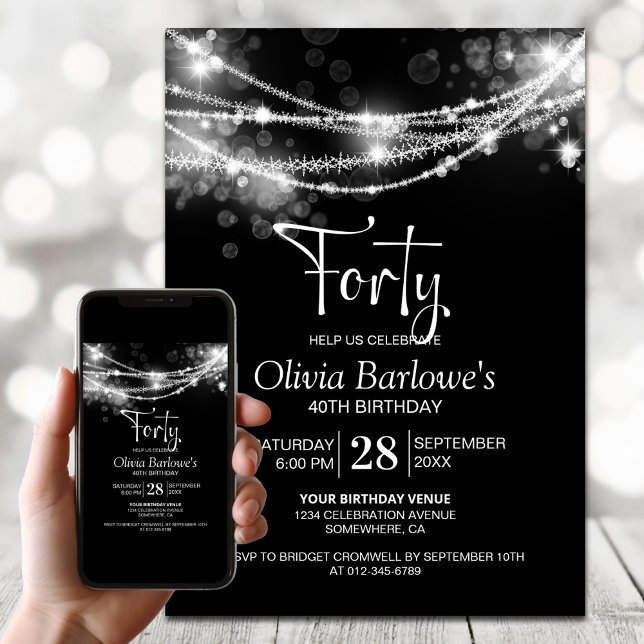 Black String Lights 40th Birthday Party Invitation (Creator Uploaded)